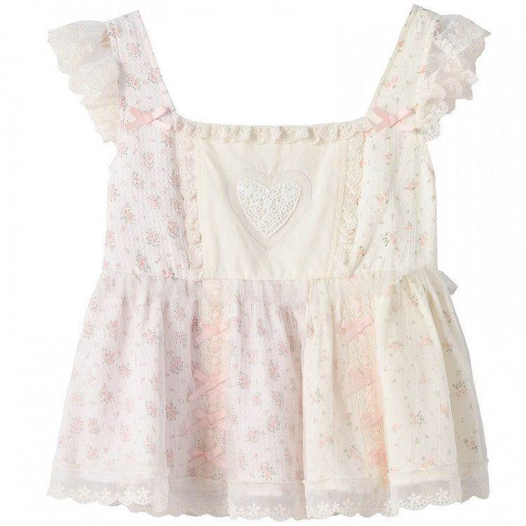 Rosa Tanktop mit flatternden Ärmeln, Schleife und Rüschen, Blumenmuster, Spitzenbesatz