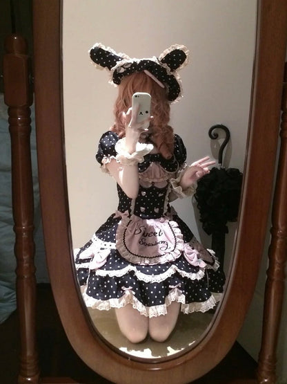Details Bunny + Sweet OP Hairband Bow Polka Pink Strawberry Lace and Dot with Full Choker Set Lolita Dress Ear Bonnet Themed Black