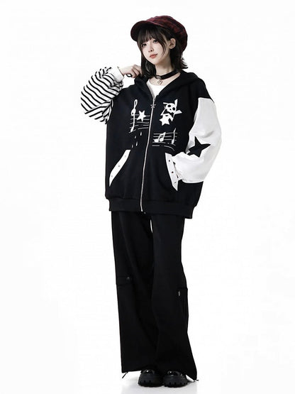 and Zipper Star Zip-Up Black Graffiti with Hoodie Applique Y2K