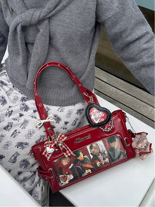 Leather Transparent-Window Bag Versatile Red Ita PU