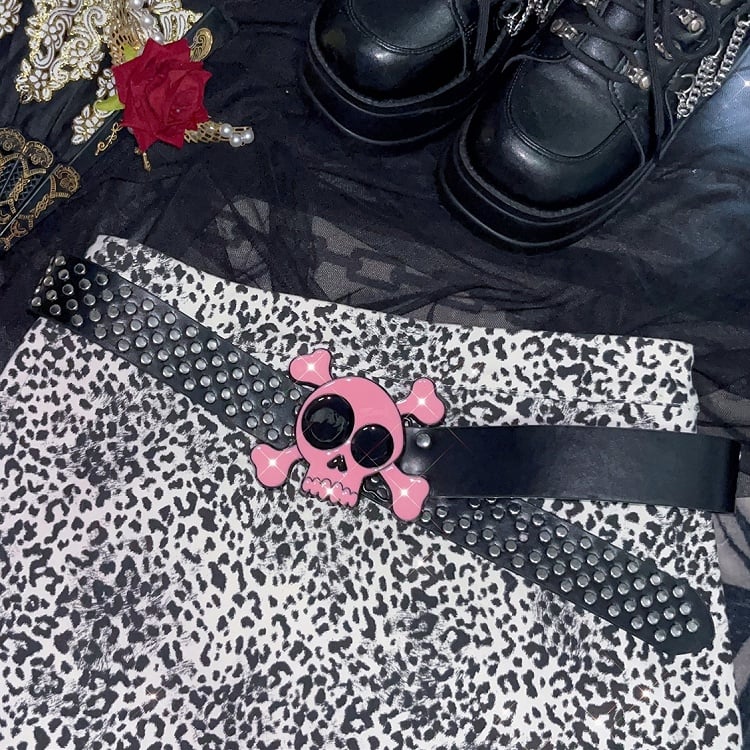Modischer Gyaru verzierter Skelett-Taillengürtel aus PU in Schwarz und Rosa im Y2K-Stil