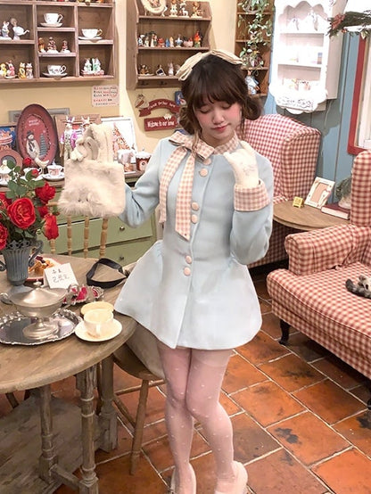 Coat Front Bowknot Pink Dress Plaid Wool with Buttons Creamy Blue