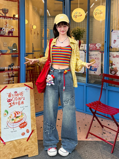 未加工ワイドレッグジーンズ ウエストリボンアップリケ ブルー ローヘム ヴィンテージ