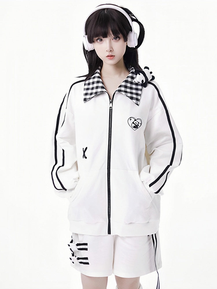 White/Black Heart Panda Embroidered Plaid Pattern Collar Jacket With A Panda Plushie