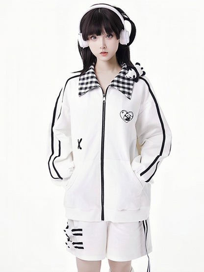 White/Black Heart Panda Embroidered Plaid Pattern Collar Jacket With A Panda Plushie
