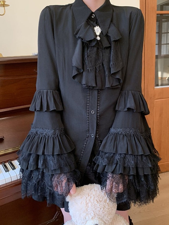 Gothic Lolita Black Blouse with Bell Sleeves and Lace - Lan Jian Chuan