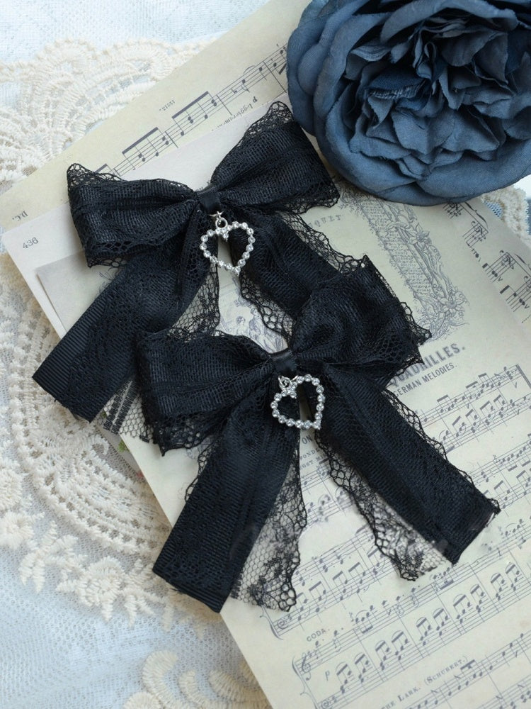 Kei Heart with Jirai Pink/Black Clip Hair Bow Black Charm Lace