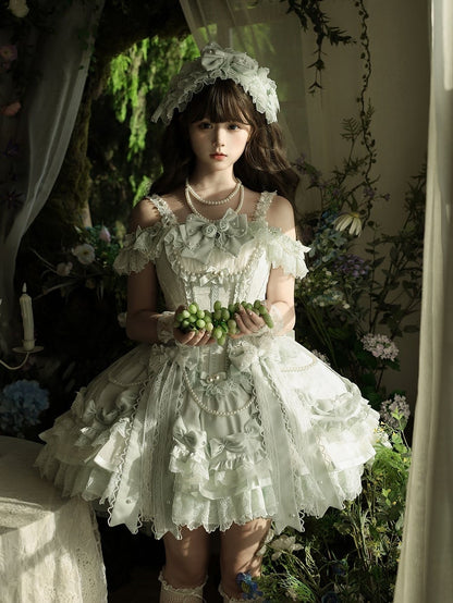 Green Dress Waist and with Princess Bows Bead Decorated Chains Lolita Corset Balletcore