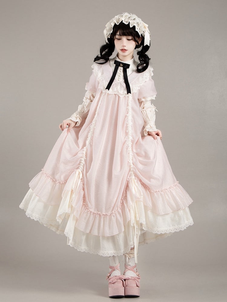 Loose Drawstring Pink Sleeves Lolita Rosette Embroidery Short Details Dress with