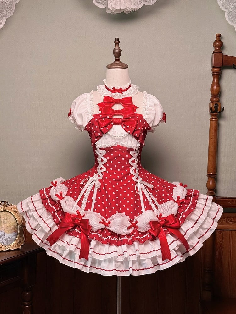 and Puff Dress Dot Sleeves School Polka Lolita Neck with Old Red Accents Halter Bow