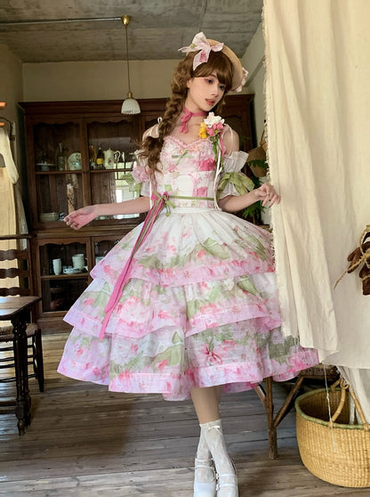 Pink Rhododendron Print Lolita Three Layers High-low Skirt - Deer-seeking Letter Lolita