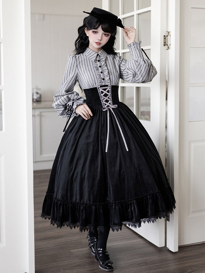 Waist Dress and Fake Striped Blouse Boned Pieces Black Design Skirt Lolita Two