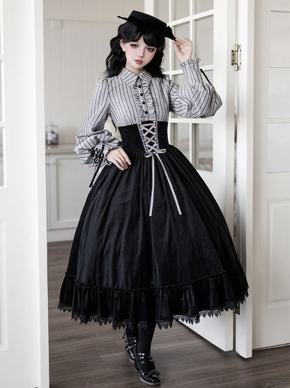 Waist Dress and Fake Striped Blouse Boned Pieces Black Design Skirt Lolita Two