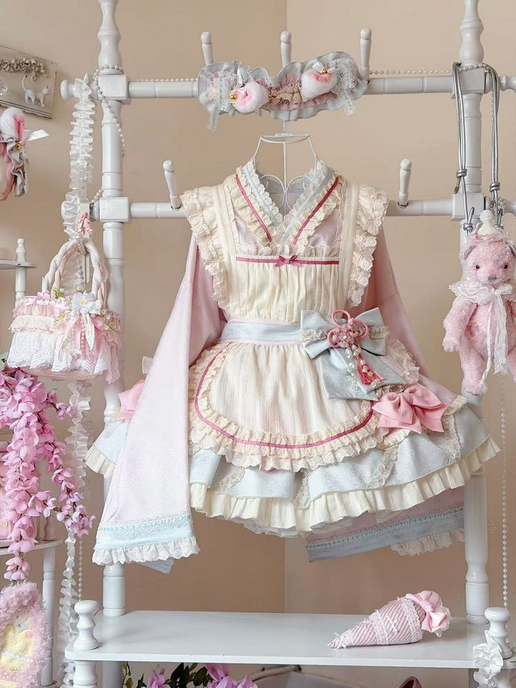 Hanfu-Inspired Lolita Top, Ruffle Mini Skirt & Apron Set in Pink Blue - Berry Story Lolita