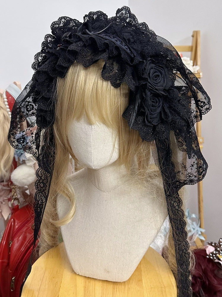 Lace Red Black/White Veil Lolita Hairband Gothic Ruffled Rose Beads With