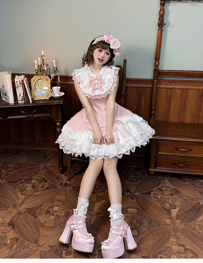 White Sleeveless Pink Dress Slim Striped Layered Neck Fabric Lolita Ruffle Sweet Waist Fit
