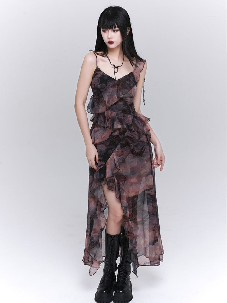 Purple/Dark Gray Butterfly Tie Dye Asymmetrical Flounce Hem Slip Dress