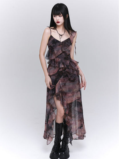 Purple/Dark Gray Butterfly Tie Dye Asymmetrical Flounce Hem Slip Dress