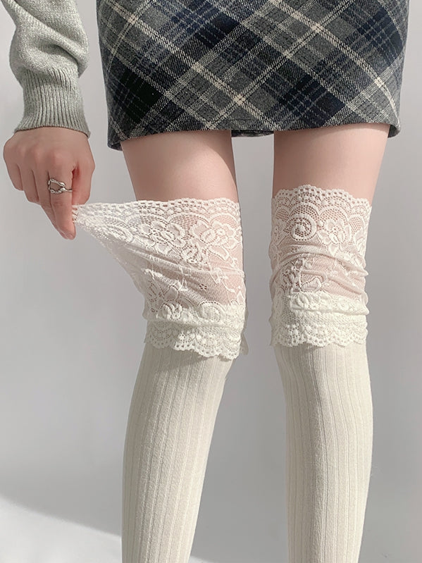 Spitzenstrümpfe mit Overknee-Besatz in Grau/Beige/Hellgrau/Weiß/Schwarz/Dunkel