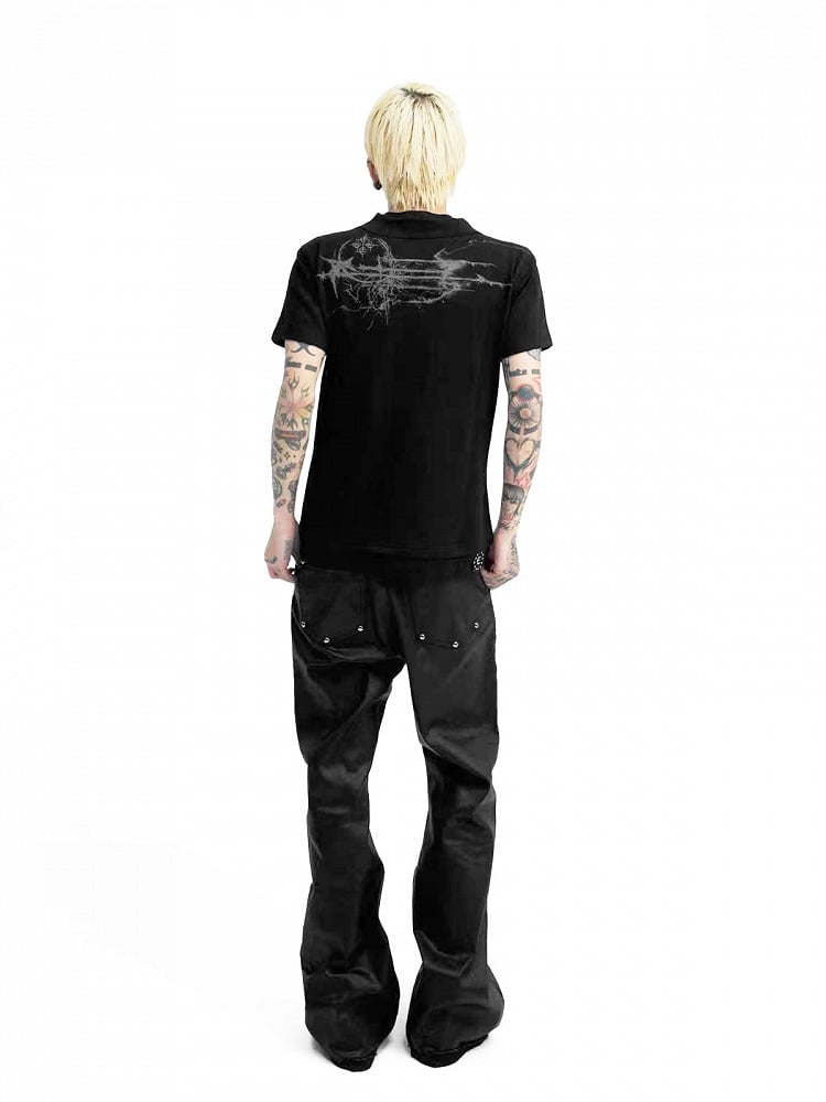 Edgy Genderless Black Double Collar Tee with Cross Graphic - DETW OnLine