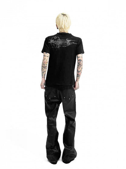 Edgy Genderless Black Double Collar Tee with Cross Graphic - DETW OnLine