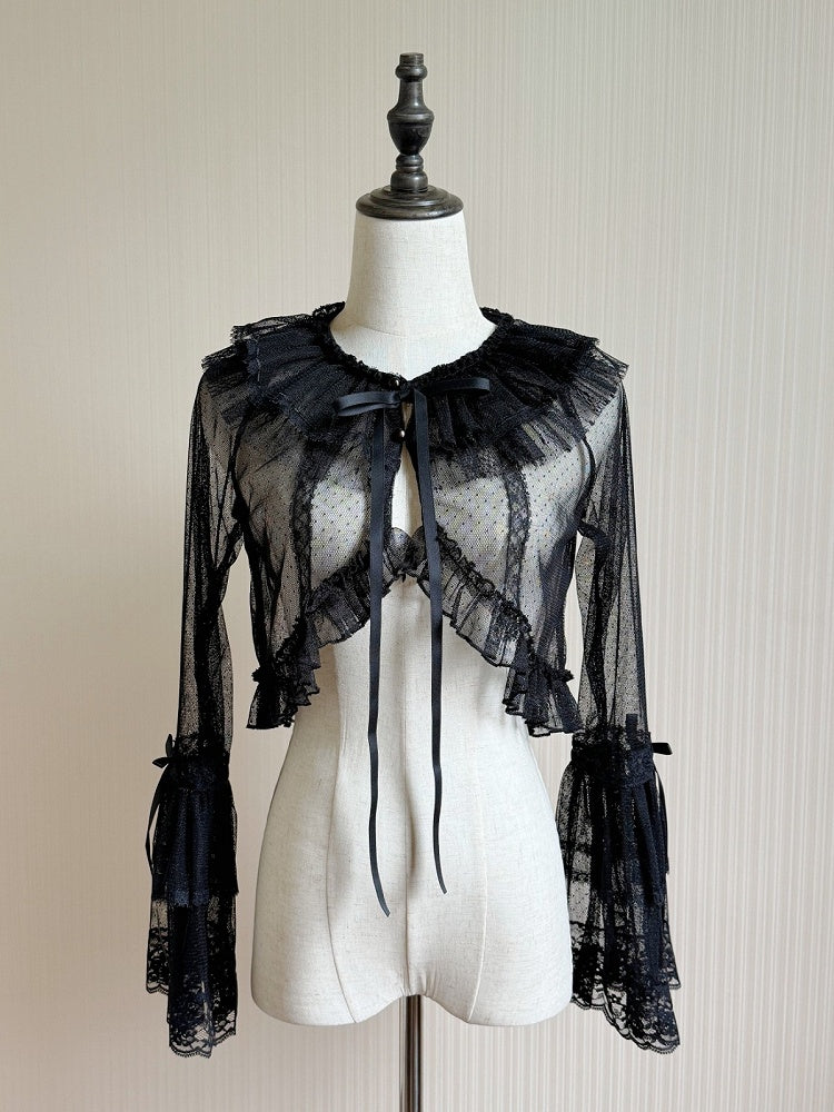 Sheer Bell Sleeve Lolita Cardigan with Bow Accents in Four Colors