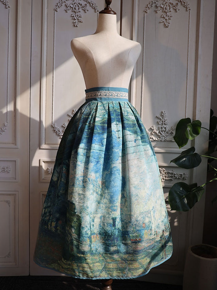 サン・ラザール油絵プリント グリーンウエストスカートバージョン ガレ ロング/ショート ハイ