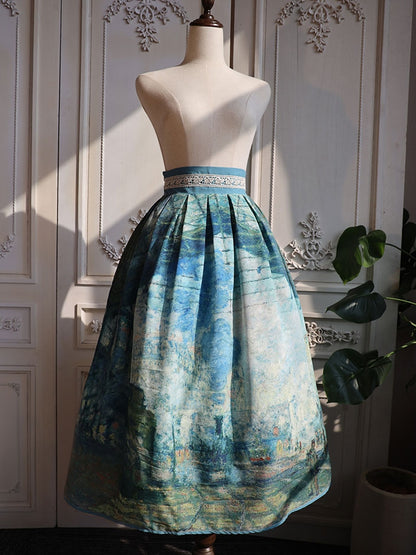 サン・ラザール油絵プリント グリーンウエストスカートバージョン ガレ ロング/ショート ハイ