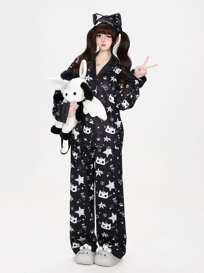 Kawaii Kitty and Star Print Two-Piece Loungewear Set in Black - CRAZY GIRL