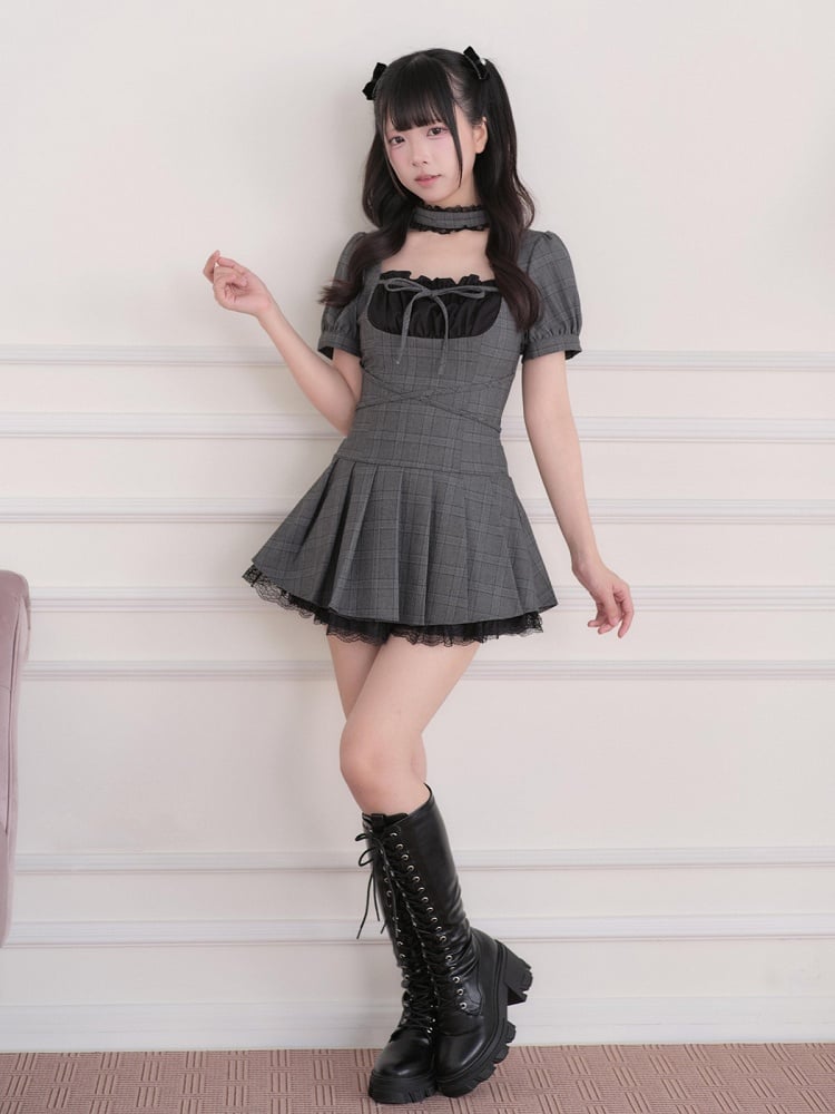 Gray Plaid Square Neck Pleated Jumper with Choker and Shorts - No Genki