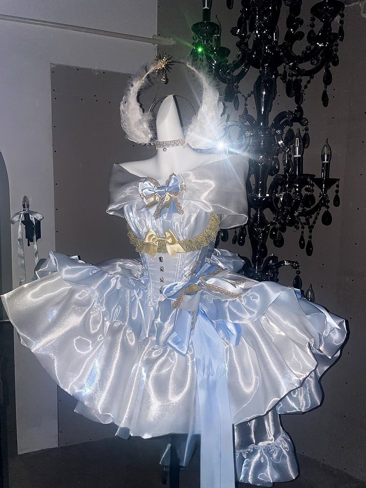 Bodice Neckline Princess Balletcore White Lolita Corset Blue Dress and Hime Off-the-shoulder