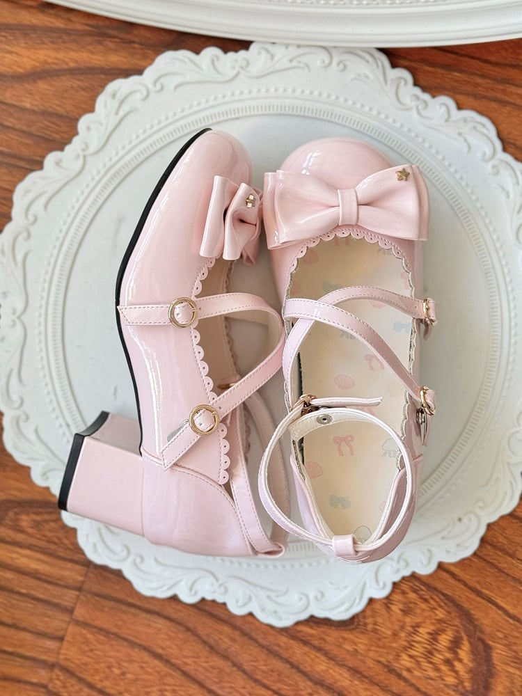 Shoes Closure with Lolita Sweet Details 5cm Pink Bow Snap Heeled