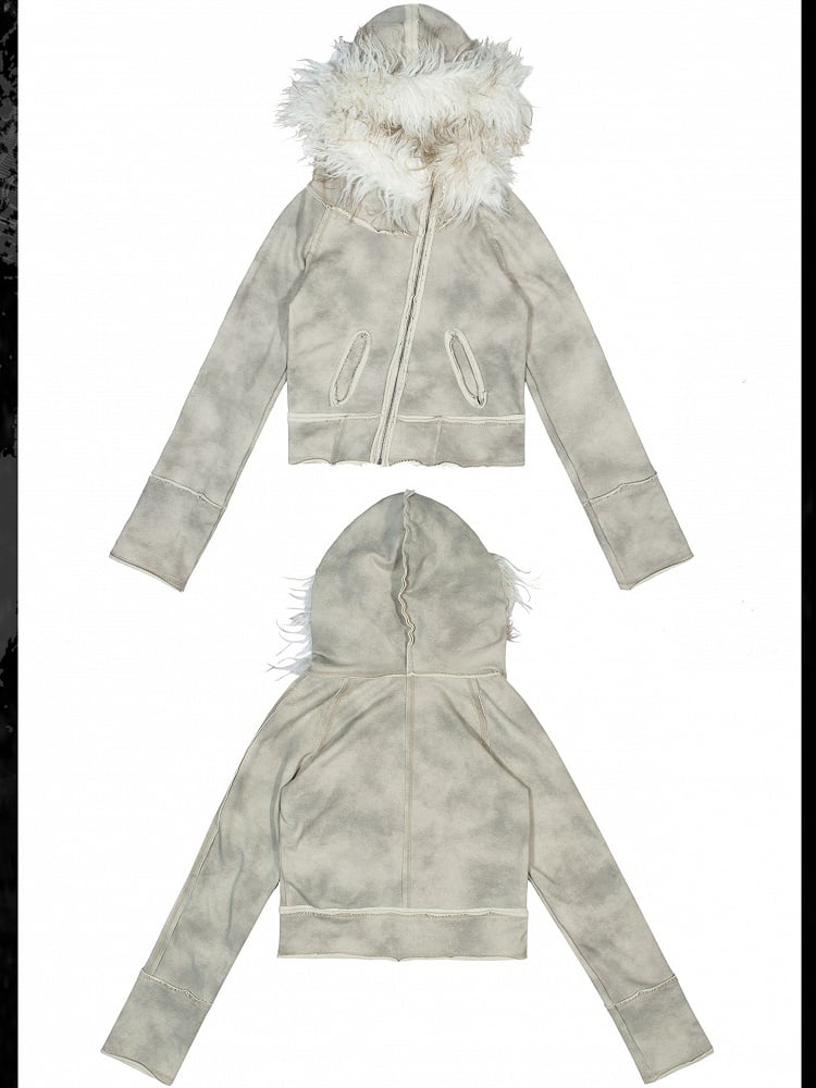 Punk Collar Cotton Fur Grayish Jacket Apricot Distressed Faux with Detachable Hoodie Lining/Regular