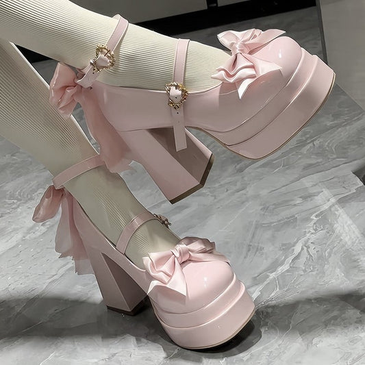 Top Heels Toe Bow at Pink Round High Block Sweet Platform Light Lolita Design with