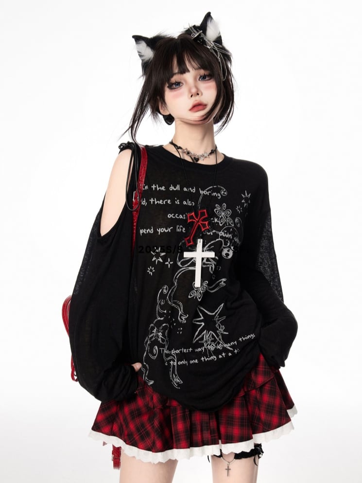 Semi-sheer Bowknot Graffiti Print Coverup Cutout Shoulder Black/White