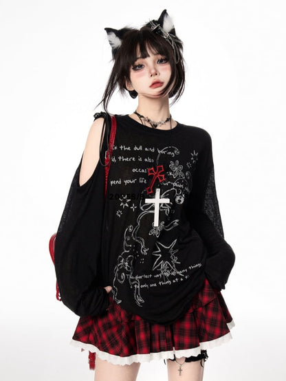 Semi-sheer Bowknot Graffiti Print Coverup Cutout Shoulder Black/White