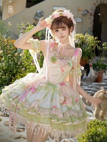 Sweet Lolita JSK Set with Floral Crown and Detachable Sleeves - Sweetheart Macaron Lolita