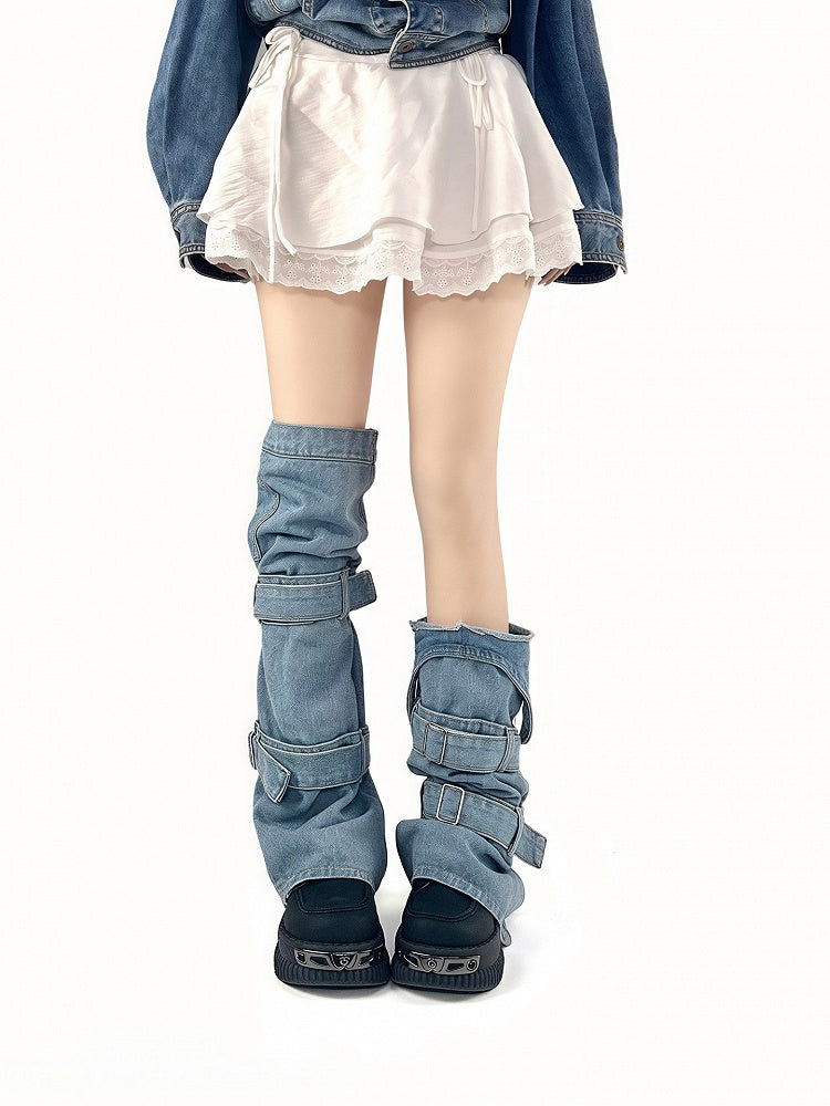 Warmers Style Y2K Asymmetric with Denim Straps Leg Design Blue Buckle