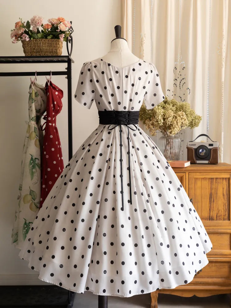 und Ausschnitt Polka Dots Quadrat Blütenblatt Kleid Ärmel Schwarz Weiß Muster