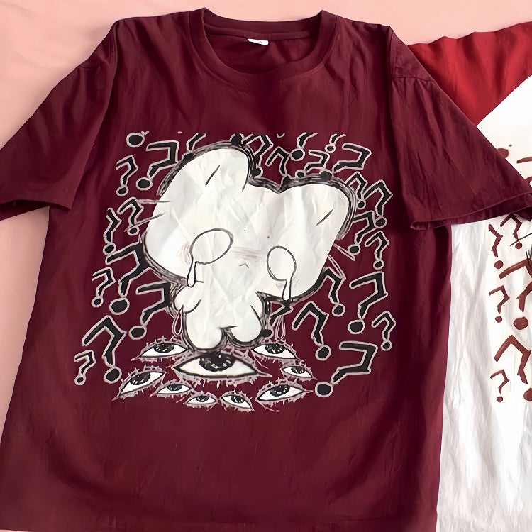 T-shirt Crew Print with Neck Wine Crying Red Cotton Kitten