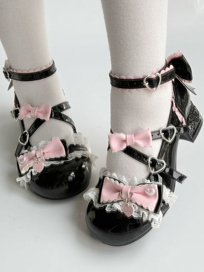 - Black PU Sweet Lolita with Details Leather Bow Janes Mary