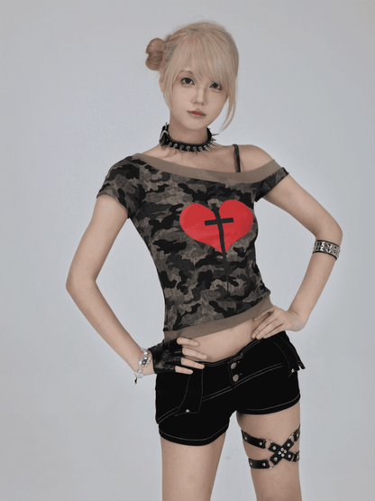 Asymmetrical T-Shirt Neckline Heart and Cross Print Army Green Camo Y2K