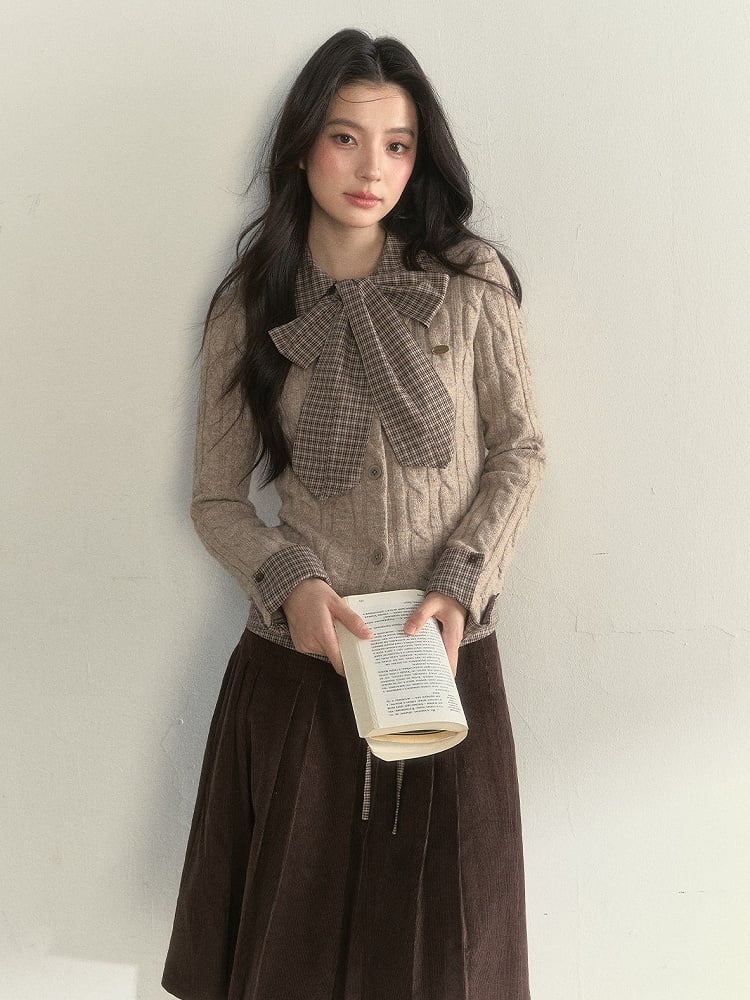 Plaid Faux Two-piece Khaki Vintage Elegant Sweater
