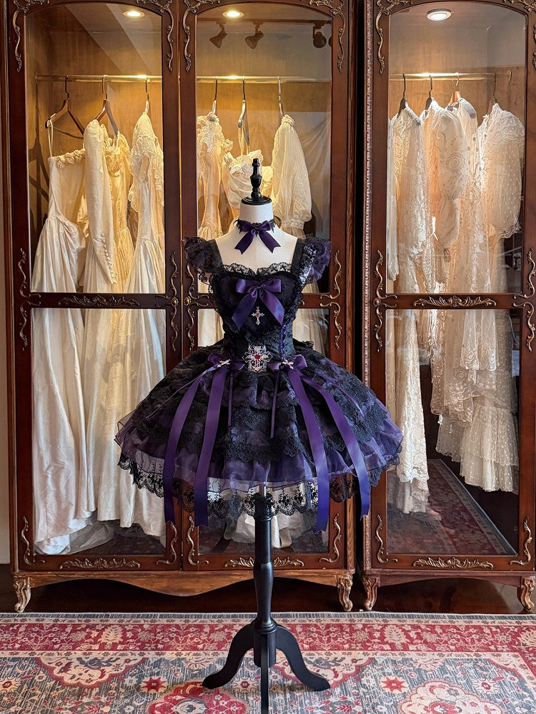 Gothic Lolita JSK Dress with Cross & Spider Details, Layer Lace Trim & Bowknots in Black & Purple - Dream Flower Box