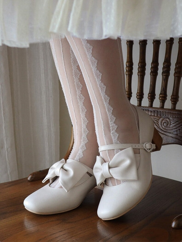 Heart with - Bow Off-white Decor Classic Clasp Mary Heel PU Romantic in Mid Janes