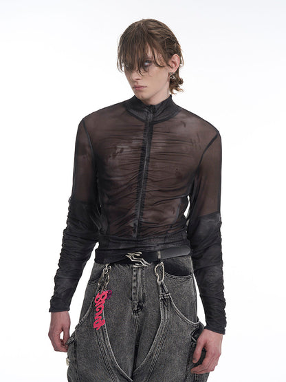 Black Mock Ruched in Mesh Sheer Top Neck Zip-up Men's Gray