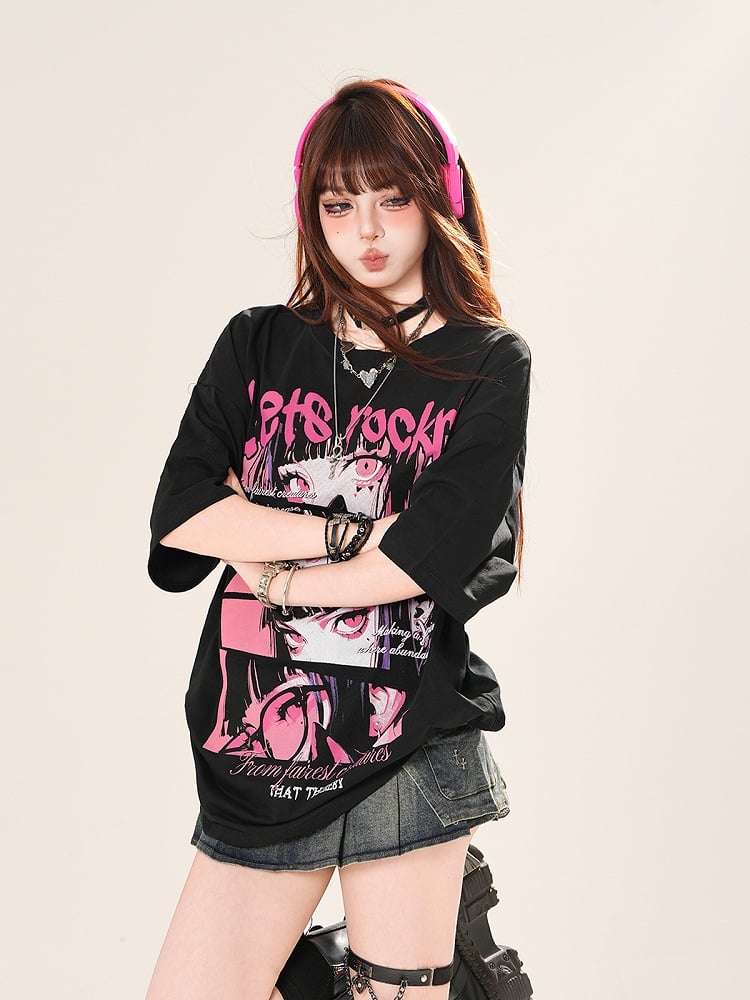Weiß/Schwarzes lockeres T-Shirt mit Rundhalsausschnitt und Anime-Mädchen-Print