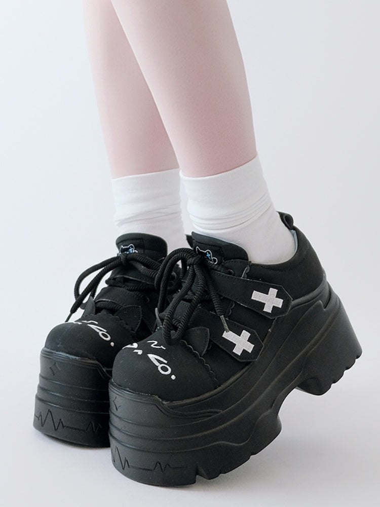 Yami Kawaii Matte Black Cross Velcro Strap Kitty Ears Platform Shoes