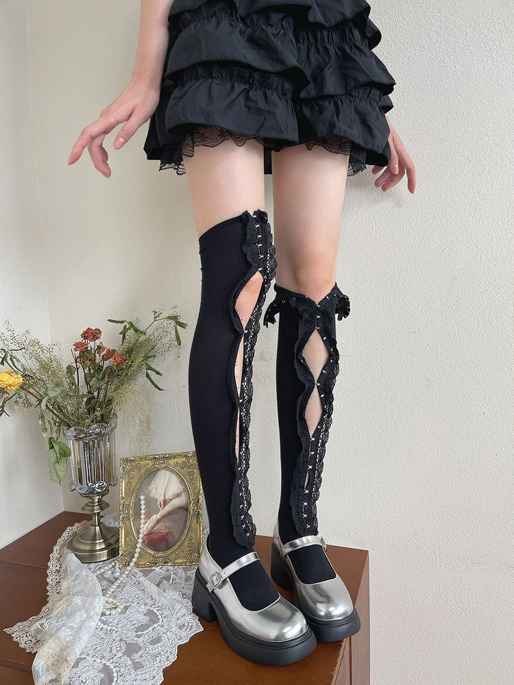 Stockings Ruffle Overknee White/Black Trim