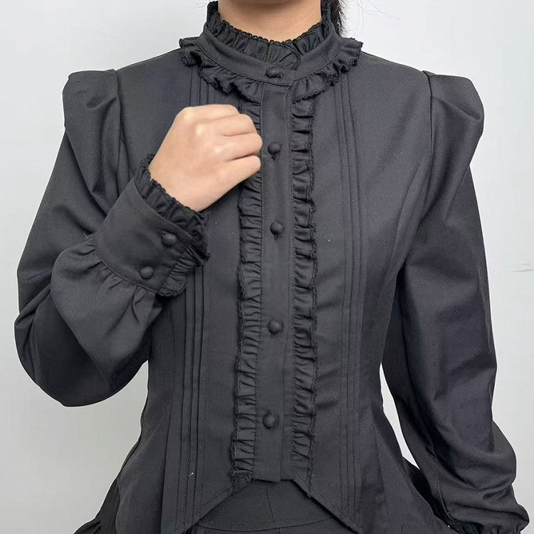 with Lacing Ruffle Long Lolita Black Back Blouse Neckline Sleeves